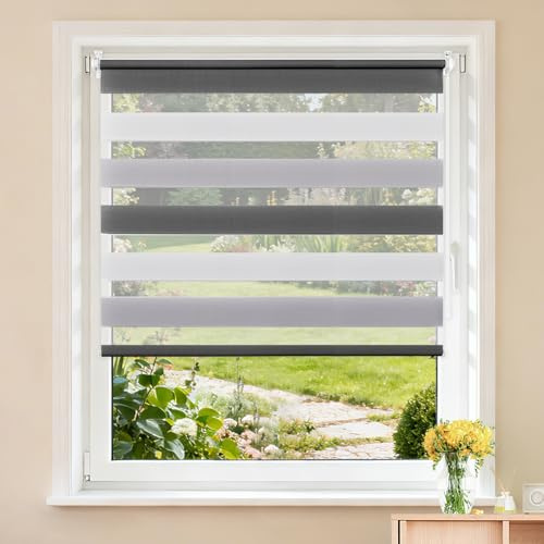Buseu Store Jour Nuit sans Perçage, Blanc-Gris-Anthracite, 85 x 150 cm | Largeur du Tissu 85 cm, Rideau Translucide & Occultant, Fixation par Clips, Pour Fenêtre & Porte de Salon, Bureau, Chambre
