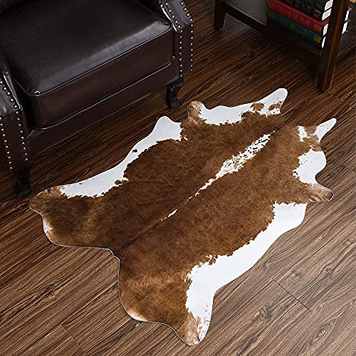HOMORE Cowhide Rug, Cute Cow Print Rug for Living Room Faux Cow Hide Animal Print Carpet for Bedroom Office Table, 3.6 x 2.3 Feet, Khaki Brown