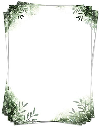 50 Blatt Briefpapier (A4) | Aquarell Blätter Grün | Motivpapier | edles Design Papier | beidseitig bedruckt | Bastelpapier | 90 g/m²
