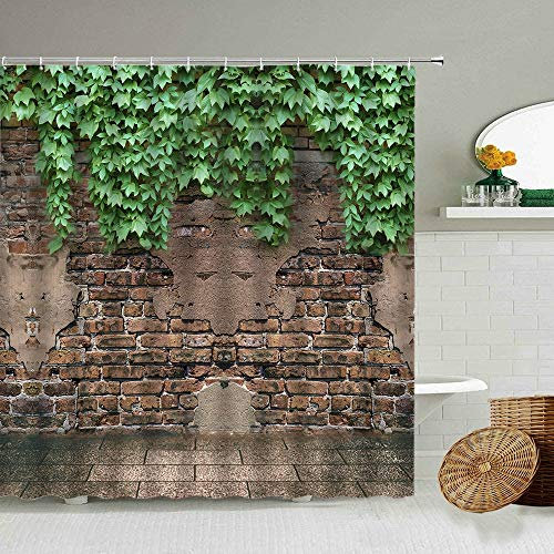 Green Ivy Old Stone Wall Shower Curtain Garden Potted Flower Plants Bathroom Waterproof Photography Background Screen With Hook