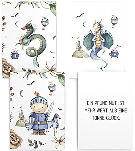 Papierschmiede® Kinderposter 4er Set, DIN A4 (21x30 cm) Wanddeko, Geschenk für Jungen Kinderzimmer Babyzimmer, Schloss Fantasy Märchen, Ritter und Drachen