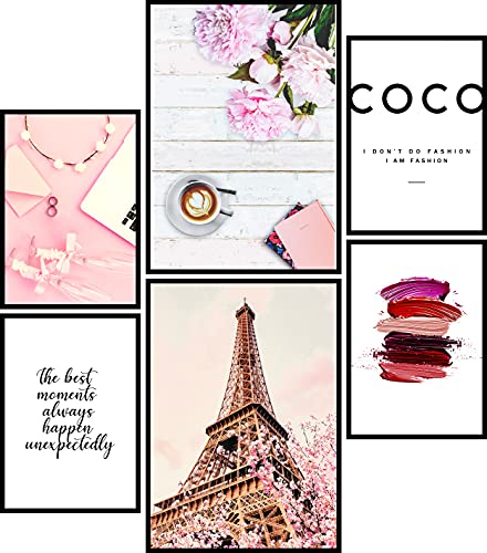 Urhome Poster Set Coco Girly A4 Bilder für Schlafzimmer Esszimmer Wohnzimmer Deko (2x A4 + 4x A5) Kunstdruck 6 teilig Wandposter Motive Bilderwand ungerahmt