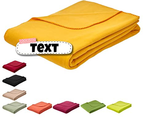 Kuscheldecke 150 x 200 cm individuell Bestickt mit Namen | personalisiert mit Ihrem Wunsch Text | Fleecedecke | Sofadecke | Tagesdecke | Felix (Senf)
