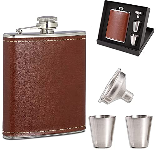 Petaca Acero Inoxidable, Botella de Licor 8oz, Petacas de Alcohol para Hombres, Petaca Portátil de Metal, Frasco Whisky con Copas Vino Embudo y Caja Regalo, Hip Flask para Ron Brandy Vodka (Marrón)
