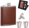 Flachmann, Tragbarer Flachmann aus Metall, 8oz Edelstahl Schnapsflasche, Outdoor Flachmann Trinkbecher Set, Edelstahl Flachmann und Trichter, Trichter und Geschenkbox (Braun)