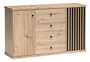 Marmex Cali 04 Sehr geräumige Kommode - Front mit Lamellen aus beschichteter Spanplatte in Schwarz - Perfekt für das Wohn- oder Schlafzimmer - Eiche Artisan + Schwarz Matt + Lamellen - 142,1x85,4x40,6