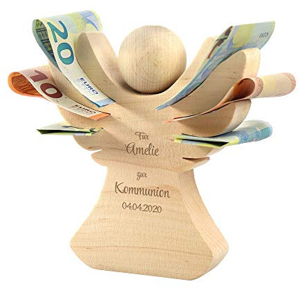 Engel aus Holz: Geschenk zur Kommunion | Geldgeschenk für Jungen und Mädchen | Personalisiert mit Namen und Datum, Verpackung für Geldgeschenke, persönliches Konfirmationsgeschenk