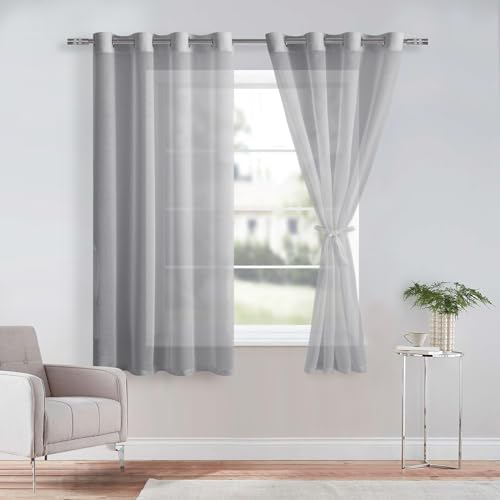 DWCN Gardinen aus Voile Polyester 2er Set Sheer Voile Vorhänge mit Ösen Transparente Gardinen für Balkon, Grau, 137x140cm(HxB)