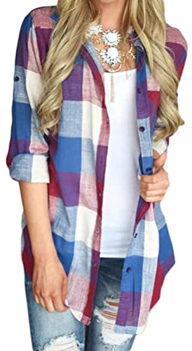 ORANDESIGNE Chemisier Carreaux Femme Blouses à Manches Longues Chemise Décontractée Classique Retro Blouse Shirt Casual Vintage Col Boutonné Chemisier Tops Z1 Bleu M