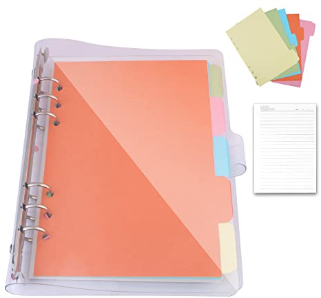 Binder - Quaderno ad anelli, trasparente, 6 rotondi, in PVC, morbido, ricaricabile, con carta di riempimento A6, con 5 divisori, per ufficio, scuola, diario