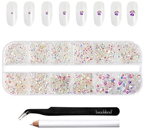 Beadsland Strasssteine für Makeup,8 Größen 2500pcs Kristall flache Rückseite Strasssteine Gesicht Edelsteine für Nägel Handwerk mit Pinzette und Wachsstift,Transparente AB,SS4-SS30