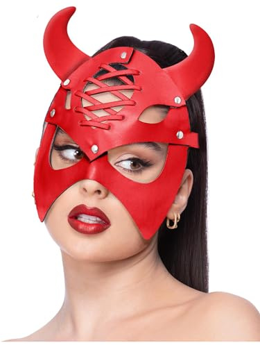 Smiffys Fever Red Mock Leather Devil Mask, Fever Accessories Fancy Dress, Devil Dress Up Masks