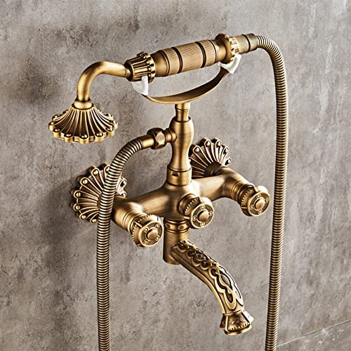 Mitigeur Baignoire Avec Douchette À Main Robinet Baignoire, Finition Laiton Antique Mural Double Poignée Laiton Mitigeur Douche, Robinet Bain
