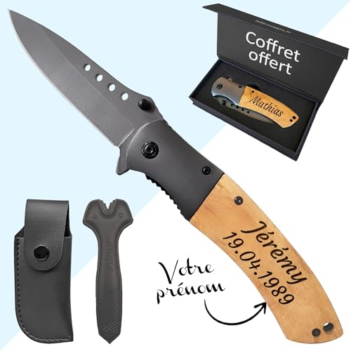 KDO MAGIC - Personalisiertes Klappmesser - Gravieren Sie Ihren Vornamen - Personalisierte Sicherheitsklinge - Gravierte Holzgriffe - Geschenk, Vatertag, Geburtstag oder Weihnachten (Motiv: Name)