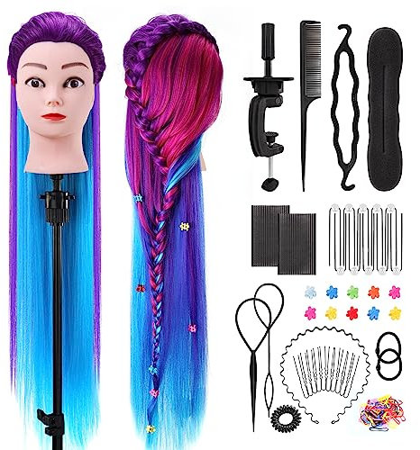 Cabezal Peluqueria, Yofuly 29inch Cabeza Maniquí Practicas Formación de la Cosmetología, 100% Sintética con Abrazadera de Mesa y Juego de Trenzas de Cabello DIY