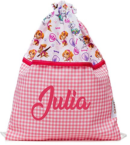 Nenel Mochila infantil de cordones Personalizada - Macuto de merienda bordada - Mochila de cuerdas con nombre - Bolsa de cuerdas - Sky y Everest (Rosa)