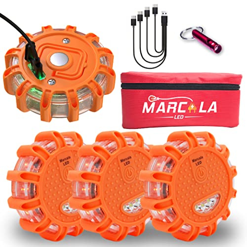 4-Pack Rechargeable LED Emergency Road Flares | Large 1200mah Battery for Longer Run Time | Red Diode Road Emergency Light for High Visibility | Rechargeable LED Flares w/Included USB-C Cable