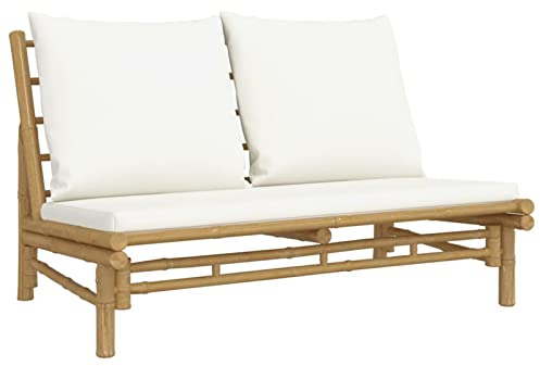 Yolola Bambusbank Gartenbank mit Kissen Gartensofa 2-Sitzer Balkonsofa Sitzbank für 2 Personen Outdoor Bank mit Rückenlehne & Armlehne für Hof/Garten/Terrasse/Balkon/Café Cremeweiß