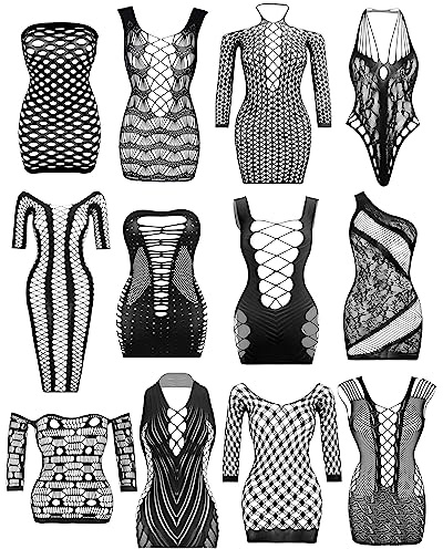 JDiction Lencería para mujer, babydoll, body de red sexy (12 unidades), Negro02, talla única