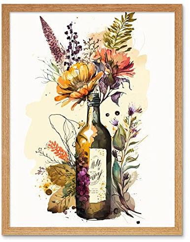 Artery8 Wildflower Bouquet in Upcycled Glass Wine Bottle Artwork Framed Wall Art Print 9X7 Inch