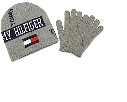 Tommy Hilfiger Wendbares Beanie- und Handschuh-Set für Jungen mit Logo, Mittelgrau meliert, 8-16 Jahre