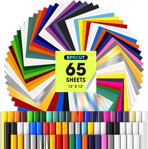 EPRCUT Vinylfolie Plotter, 30,5cm*30,5cm Glänzende Matte Plotterfolie Vinyl für Cricut, 65 Stück 44 Farben und 10 Transferfolie, Mugs, Home, Auto, DIY, Muttertag, Geburtstage