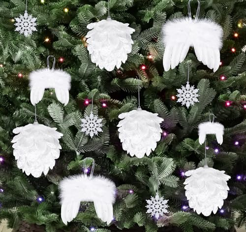 12 bolas de plástico blancas para decoración navideña, 4 conos de pino, bolas de Navidad con 4 copos de nieve con purpurina, decoración y 4 tamaños, color blanco, decoración de Navidad con cuerda para