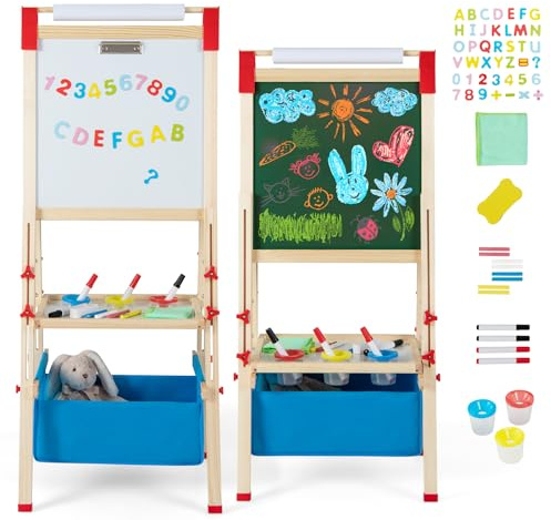 COSTWAY Caballete Infantil Ajustable en Altura, Caballete de Doble Lado con Pizarra de Tiza y Pizarra Blanca, Rollo de Papel, Imanes de Letras y Números, para Niños 3-8 Años (Azul)