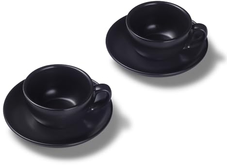 Terra Home 2er Cappuccino-Tassen Set - Schwarz, 200 ml, Matt, Porzellan, Dickwandig, Spülmaschinenfest, italienisches Design - Kaffee-Tassen Set mit Untertassen
