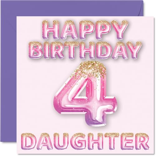 4th Birthday Card for Daughter, Pink & Purple Glitter Balloons | Happy Birthday Cards for 4 Year Old Daughter from Mum or Dad Mummy Daddy Parents, 145mm Bday Greeting Cards Gift