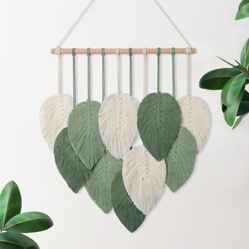 Weldomcor Makramee Wandbehang Tapisserie Boho Deko Makramee Wandteppich mit Grün Blätter Böhmische Gewebte Wanddeko für Room Apartment Schlafzimmer Wohnzimmer Balkon Dekoration 40 * 50 cm (Grün)