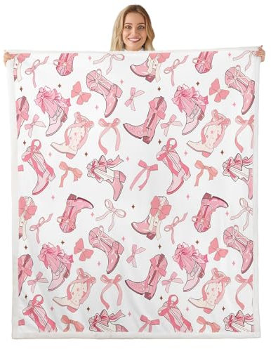 Cowgirl-Überwurfdecke, Western-Cowboystiefel, rosa Schleifen, Fleecedecke für Schlafzimmer, verträumtes Märchen, Prinzessin, Sternenhimmel, Rosa, Weiß, weiche Decke für alle Jahreszeiten, Baby (76,2 x