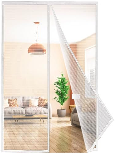 Insektenschutz Tür Vorhang Polyester Lamellenvorhang, 155x200 cm mit Heavy Duty Mesh & Full Frame Klettverschluss Klemmleiste Fliegenvorhang Innovativ, Weiß