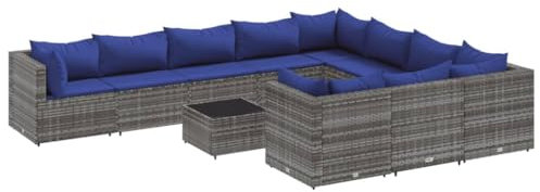 vidaXL Garten Sofa Garnitur 11-TLG., Gartenmöbel Set mit Kissen, Sitzgruppe für Garten Terrasse, Lounge Sitzgarnitur Modular, Grau Poly Rattan