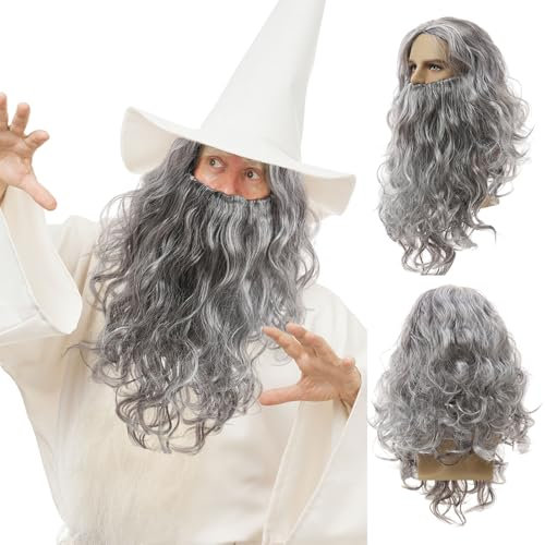 UILYNIU Grau Zauberer Perücke und Lang Bart Halloween Kostüm für Herren Damen, Locken Magier Hexer Perücke für Männer Fasching Karneval Hippie (Grau)