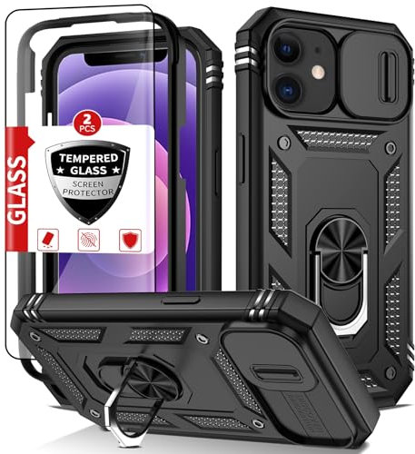 IYTRRYH Custodia per iPhone 12 Mini con 2 pellicole protettive in vetro, 12 mini custodia integrata con anello cavalletto a 360° e copertura per fotocamera, protezione antiurto di grado militare,