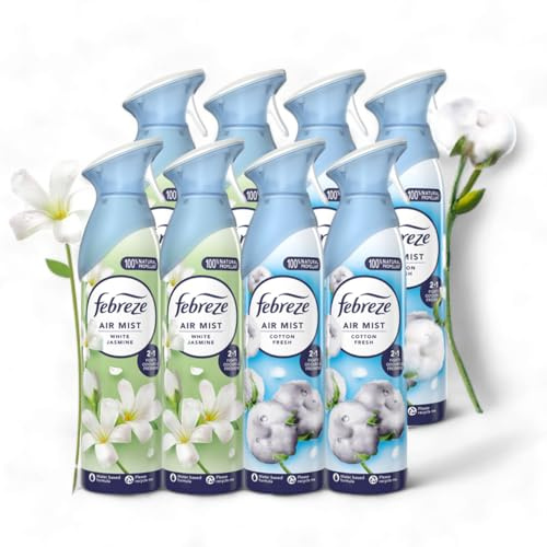 Febreze Air Freshener Spray bundle - 8 x 185ml, Cotton Fresh & White Jasmine scents - Room Freshener for Home, Bathroom & Office
