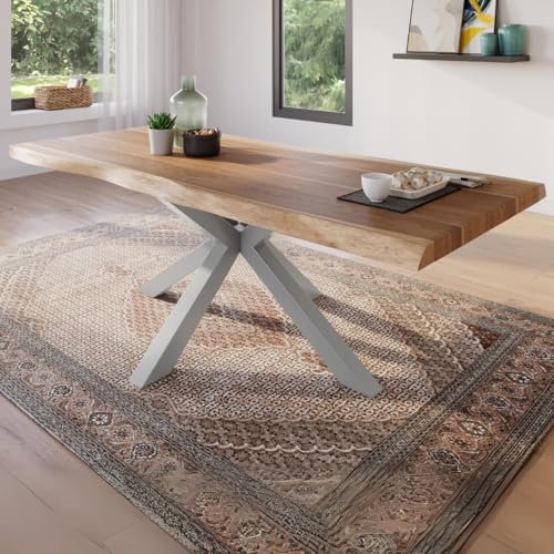 trelevo Esszimmertisch 200x100 cm, Akazienholz massiv, Tischplatte naturfarben, echte Baumkante, Spider Gestell Silber, Baumkantentisch