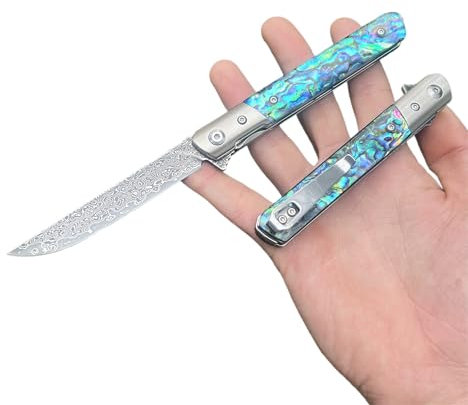 Obespina Couteau Pliant de Poche Damas luxe en Acier Damas 67 Couches VG10, Couteau de Poche Collection Abalone Avec lame Tranchante et Manche en Nacre, Pour Collection ou Cadeau Homme edc pêche
