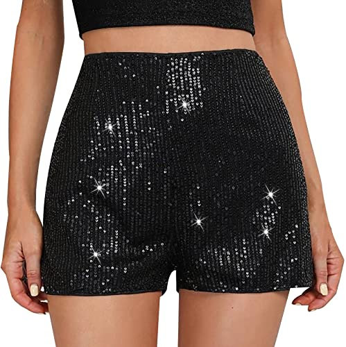 Generisch -Perlen-Hotpants mit schmaler Passform und Pailletten in einfarbiger, mittelhoher, sexy Shorts mit geradem Bein Camp Shorts Herren (Black, M)