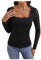 GORGLITTER Women's Floral Lace Sheer Square Neck T Shirts Long Sleeve Scalloped Slim Fit Elegant Tops Black Large