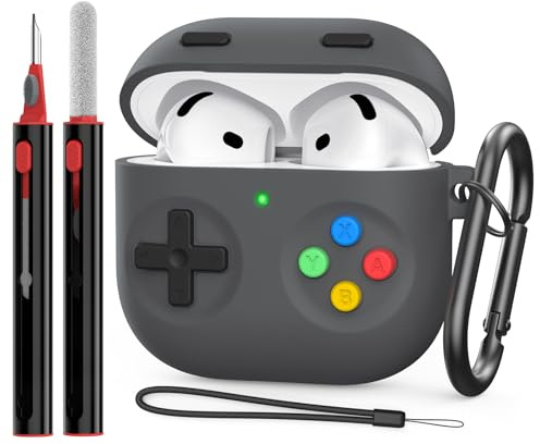Delidigi Coque AirPods 4 de Protection avec Mousqueton, Design de Console de Jeu Portable Rétro, Étui Protecteur en Silicone pour Apple AirPods 4eme Génération (2024) avec Kit de Nettoyage, Gris Foncé