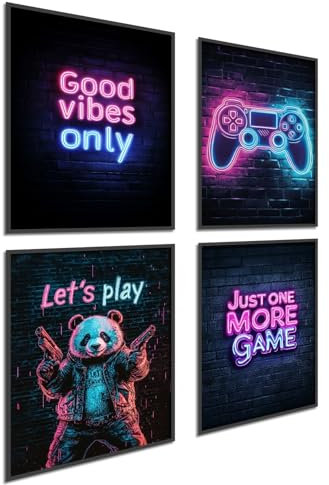 Donari Poster Gaming 4er-Set - Gaming Bild als Deko für Gamingzimmer - Wand Dekoration für Zocker Zimmer Led Optik Set A4 Bilder mit oder ohne Rahmen (Motiv 1, 21x30 cm, Ungerahmt)
