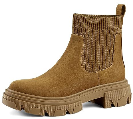 PIZZ ANNU Chelsea Boots Donna Comodi Stivali con Tacco Basso Invernali Biker Stivaletti Casual Eleganti Plateau Marrone EU 36