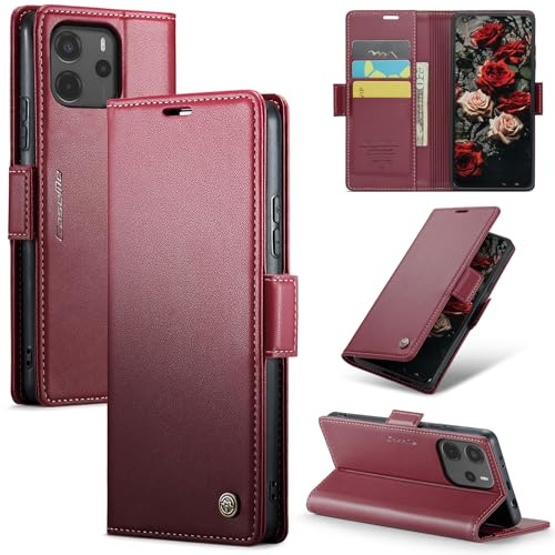 Rerzoiro Handyhülle für Xiaomi Redmi Note 14 4G Hülle, Premium PU Lederhülle Klappbar Flip Case [RFID Blocker] Tasche Magnet Kartenfach Klapphülle Schutzhülle für Xiaomi Redmi Note 14 4G, Rot