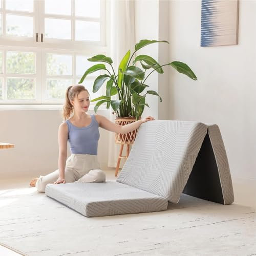 EGO HOME Klappmatratze 65x196 cm, Hoch 10 cm Gästematratze Klappbar, Härtegrade H3 Faltbare Matratze, Reisematratze, 3-Teilige Visco Gel Schaumstoff Faltmatratze für Reisen, Camping, Boden, Gästebet