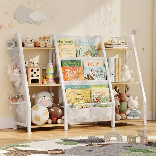Kids Bookshelf and Toy Organizer: 3-Tier Book Shelf for Kids Room, Sling Book Shelf Toddler Montessori Bookcase with Toy Storage for Nursery, Bedroom, Playroom (Burlywood)