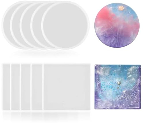 10 Pcs Round & Square Resin Coaster Mould, Non-Toxic Resin Moulds for Cup Mats, Bowl Stands, Coaster Moulds for Epoxy Resin Crafters & DIY Art Projects