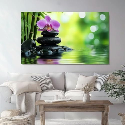 Leinwandbild Bilder Wohnzimmer Spa Bambus, 70 x 50 cm 1tlg, Deko Schlafzimmer Wanddekoration, Aesthetic Foto auf Leinwand, Grün