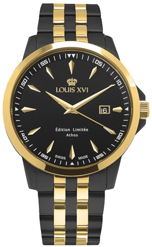 LOUIS XVI Athos Slim 930 - Ø 43 mm - Herren Uhr - Wasserdicht - Uhr mit Saphirglas - Armband Bicolor Schwarz Gold - Zifferblatt Schwarz - Schweizer Quarzwerk